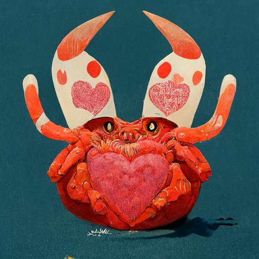giant monster crab holding a heart shaped card. masaaki yuasa, ghibli, hayao miyazaki, artstation, highly detailed, painterly, intricate