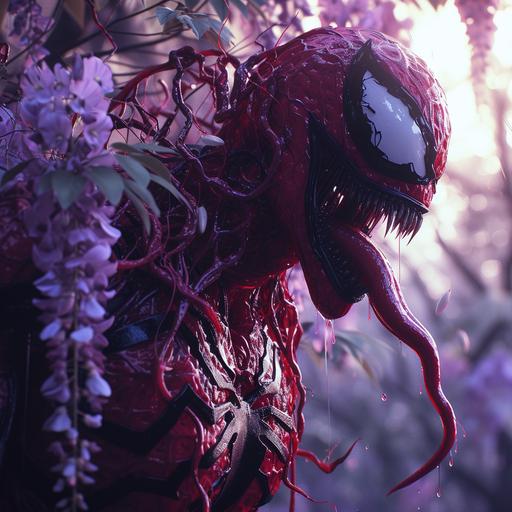 carnage, wisteria, flowers, peace, marvel, symbiote, 4k, cinematic, --v 6.0