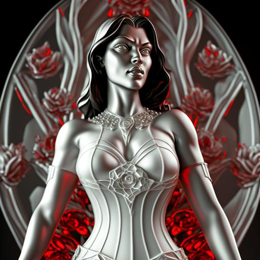 carnival glass, Vampirella white dress with red crystal flowers, full body, life like eyes, fantasy, hyper detail