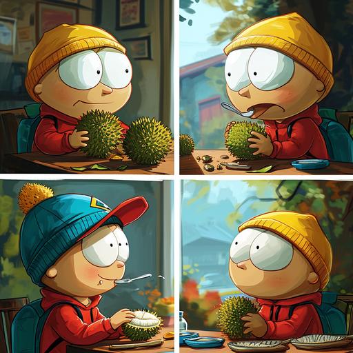 cartman cartoon character eats a durian, comic strip in 4 even segments --v 6.0 --s 250