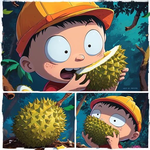 cartman cartoon character eats a durian, comic strip in 4 even segments --v 6.0 --s 250