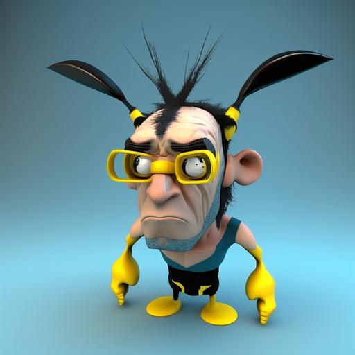 cartoon 3D half human with dark hair, rabbit ears and swimming glasses, half black and yellow bee, crackhead looking