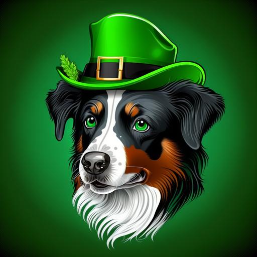 cartoon Australian Shepherd dog face with Irish hat and Flying Shamrock in the background, St. Patricks Day, 8k HD 3:2 --v 4