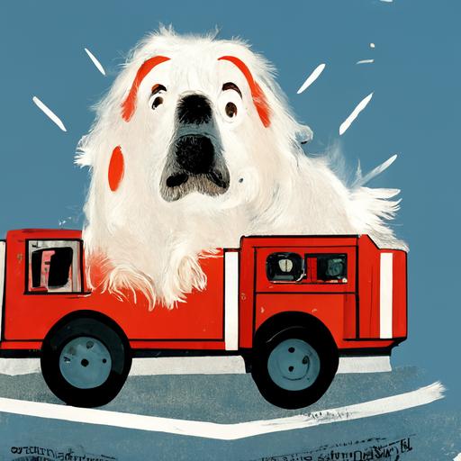 cartoon Great Pyrenees barking at a cartoon fire truck
