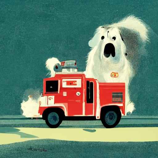 cartoon Great Pyrenees barking at a cartoon fire truck