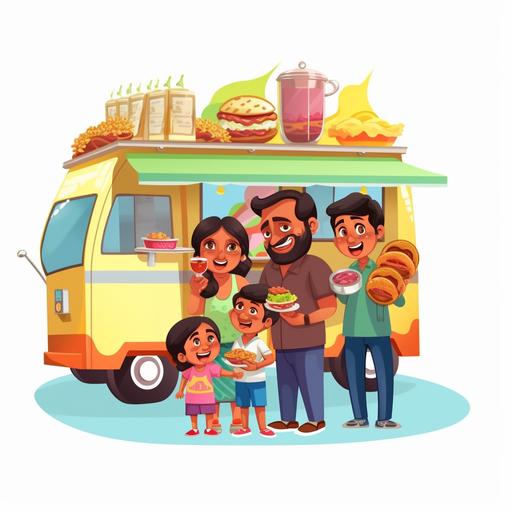 cartoon Indian food truck. Family eating burger outside. White background