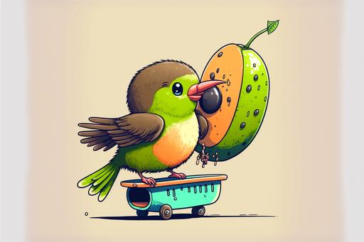 cartoon Kiwi bird stands on the wing of the plane holds a brush in his paw and draws fruits, anime style, --ar 3:2
