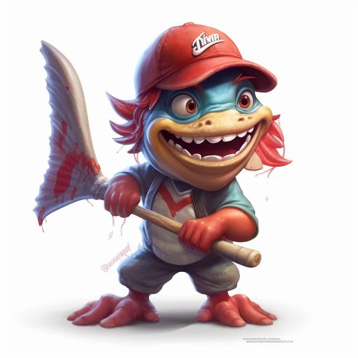 cartoon Piranha wearing red cap, smiling, holding a baseballbat