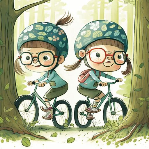 cartoon Twin girls age six biking in forest. both have round glasses.