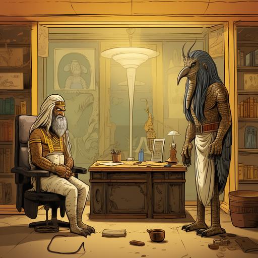 cartoon Zeus the greek meeting in the office Horus the egyptian, drawing --v 5.2
