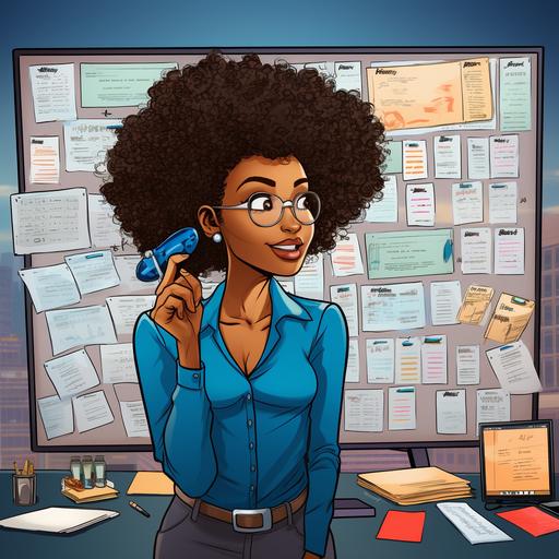cartoon, a beautiful black woman with an Afro wearing a blue business suit with salmon colored shirt, A wrist watch and bracelets, rings on her fingers, fill pink lips and hazel eyes, standing in front of a large dry erase board hanging on an office wall. She’s placing check marks next to tasks on a to do list. On the table is a large designer briefcase, floor to ceiling windows, plants, vibrant colors, bright lighting,