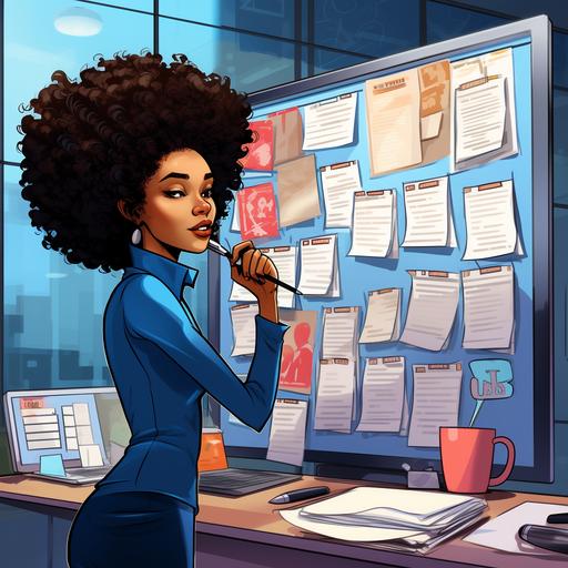 cartoon, a beautiful black woman with an Afro wearing a blue business suit with salmon colored shirt, A wrist watch and bracelets, rings on her fingers, fill pink lips and hazel eyes, standing in front of a large dry erase board hanging on an office wall. She’s placing check marks next to tasks on a to do list. On the table is a large designer briefcase, floor to ceiling windows, plants, vibrant colors, bright lighting,