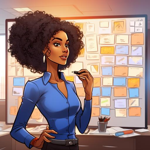 cartoon, a beautiful black woman with an Afro wearing a blue business suit with salmon colored shirt, A wrist watch and bracelets, rings on her fingers, full pink lips and hazel eyes, standing in front of a large dry erase board hanging on an office wall. She’s placing check marks next to tasks on a to do list. On the table is a large designer briefcase, floor to ceiling windows, plants, vibrant colors, bright lighting