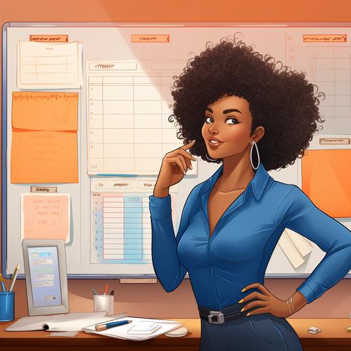 cartoon, a beautiful black woman with an Afro wearing a blue business suit with salmon colored shirt, A wrist watch and bracelets, rings on her fingers, full pink lips and hazel eyes, standing in front of a large dry erase board hanging on an office wall. She’s placing check marks next to tasks on a to do list. On the table is a large designer briefcase, floor to ceiling windows, plants, vibrant colors, bright lighting