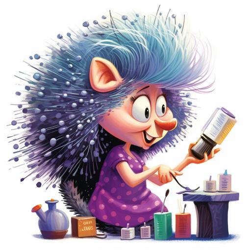 cartoon: a hedgehog lady, she is using hairspray, sparkles in her spines