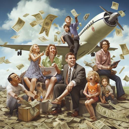 cartoon add airplane and dollar bills and money and add family in the background