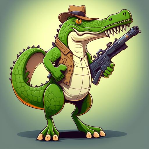cartoon alligator on hind legs holding a shotgun, cartoon style