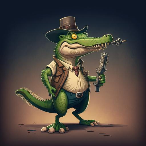 cartoon alligator on hind legs holding a shotgun, cartoon style