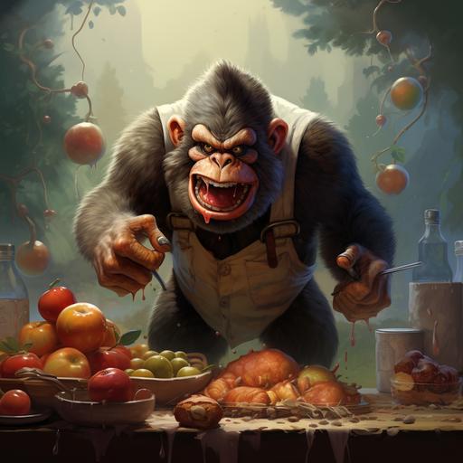 cartoon angry ape wearing apron eating apples covered in ants