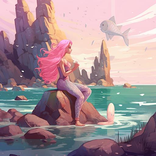 cartoon animated mermaid with pink hair and mermaid tail on the beach around rocks