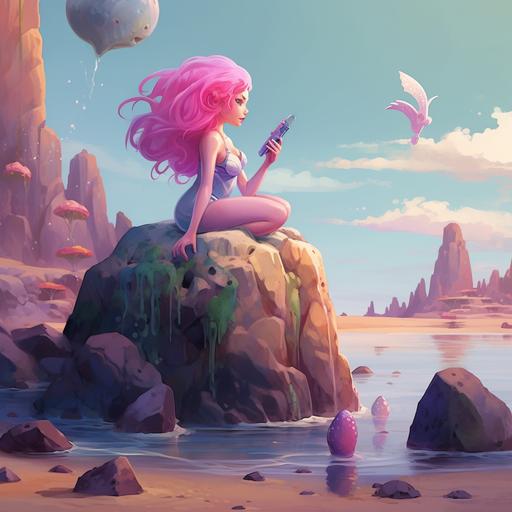 cartoon animated mermaid with pink hair and mermaid on the beach around rocks
