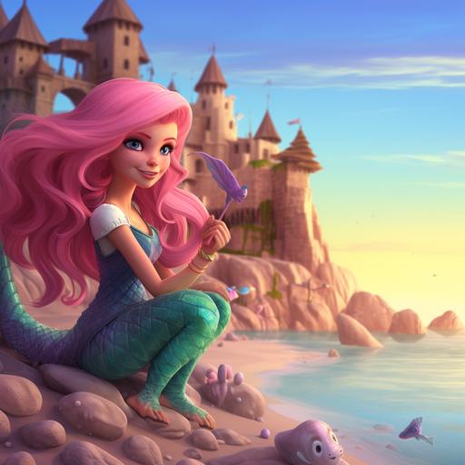 cartoon animated mermaid with pink hair and mermaid tail on the beach around rocks