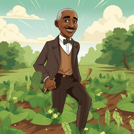 cartoon animation of George Washington Carver, admiring plants in brown dress shoes in a field of bright green plants