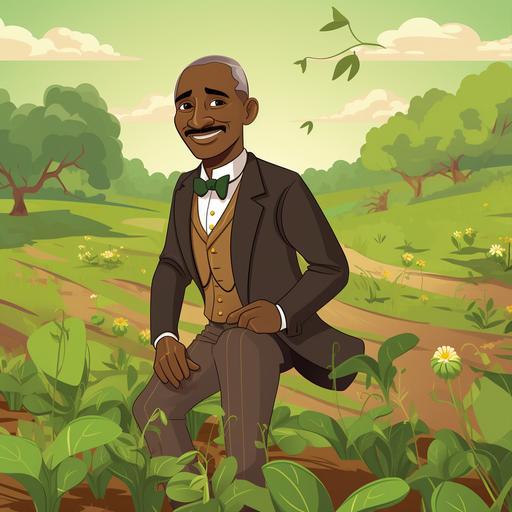 cartoon animation of George Washington Carver, admiring plants in brown dress shoes in a field of bright green plants