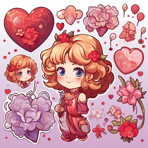 cartoon anime valentine stickers hearts, flowers and Cupid