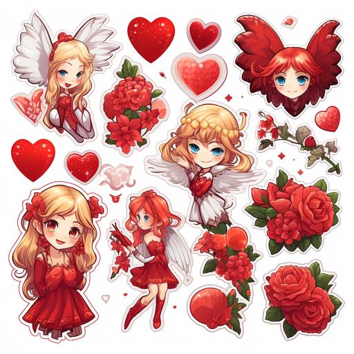 cartoon anime valentine stickers hearts, flowers and Cupid