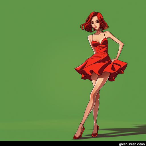 cartoon anime woman in red dress, red hair, vinicunca red shoes, on 
