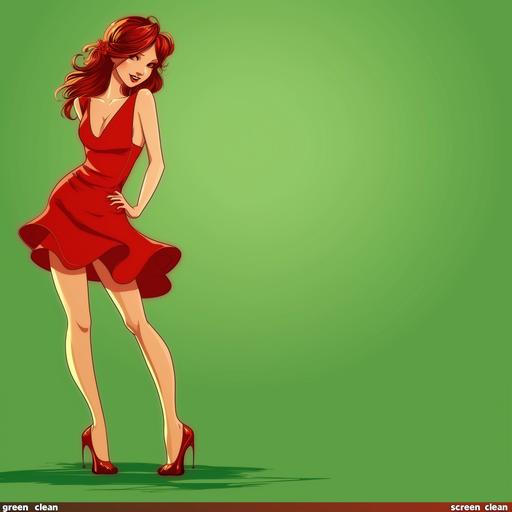 cartoon anime woman in red dress, red hair, vinicunca red shoes, on 
