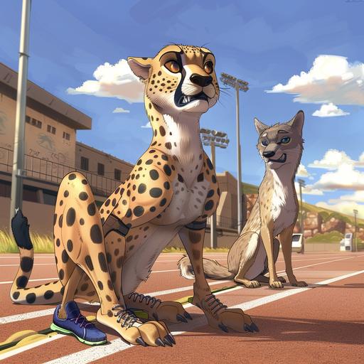 cartoon anthropomorphic cheetah in sprinters start wearing track spikes on his feet getting ready to start a race in a track. Cheetah is wearing a track singlet and track shorts. In the lane next to him is an anthropomorphic wolf getting ready to start the same race.