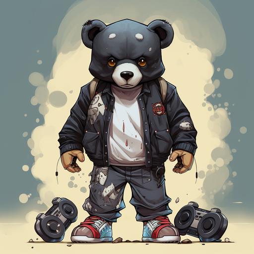 cartoon art, black bear walking on two legs, white air force 1 shoes on, game controller in hand
