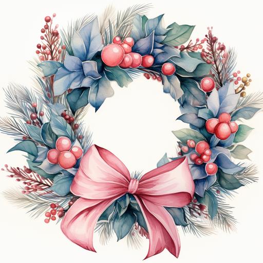 cartoon art of a pastel christmas wreath, style raw, white background, ornaments, ribbons, watercolor --s 250