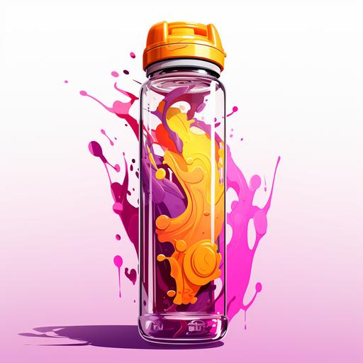 cartoon art of water bottle, drawn in procreate, fuschia pink, mustard yellow, eggplant purple, white --style raw --s 250