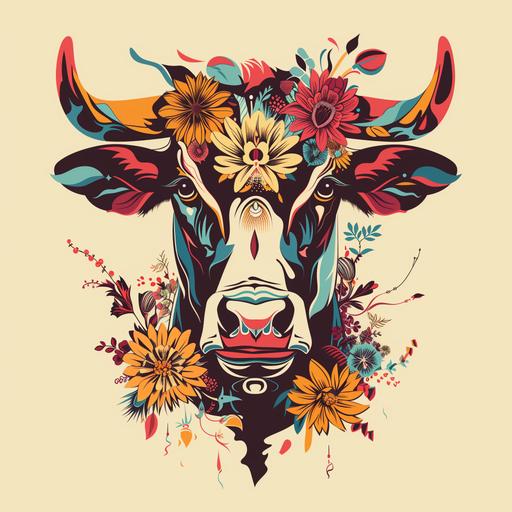 cartoon azorean cow, hipster, modern, front facing head, busy, floral, symbols --v 6.0