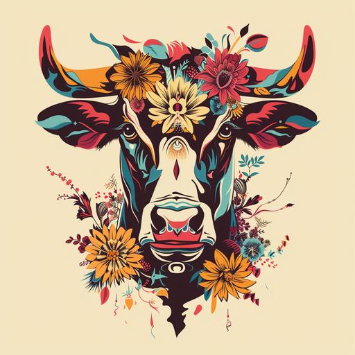cartoon azorean cow, hipster, modern, front facing head, busy, floral, symbols