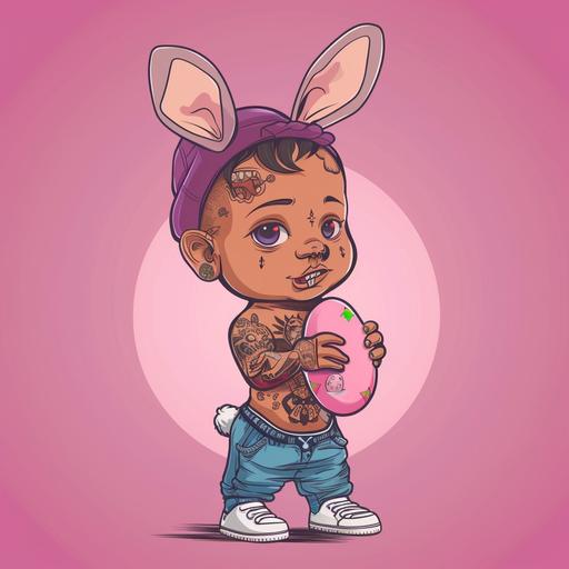 cartoon baby boy with tattoos holding Easter egg wearing bunny ears and sneakers