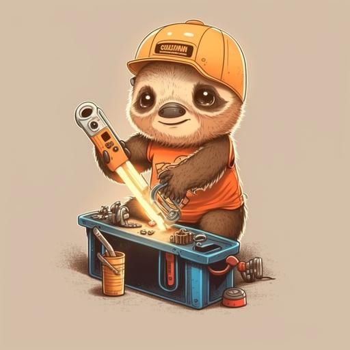 cartoon baby sloth electrician playing with tools, cute, wearing orange sleeveless shirt