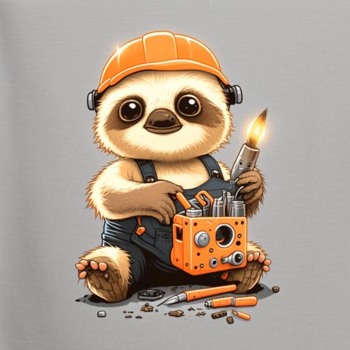 cartoon baby sloth electrician playing with tools, cute, wearing orange sleeveless shirt