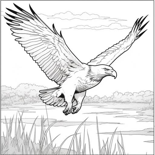 cartoon bald eagle soaring over the everglades , no color, thick lines, no shading, low detail, kids coloring book page style