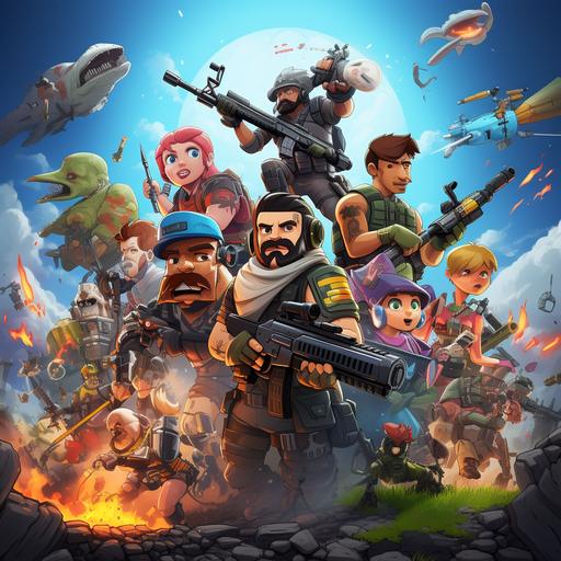 cartoon banner that combines all the popular games, Fortnite, Escape from tarkov, Call of Duty and Ready or not. — ar 2560:1440