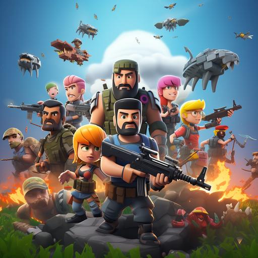 cartoon banner that combines all the popular games, Fortnite, Escape from tarkov, Call of Duty and Ready or not. — ar 2560:1440