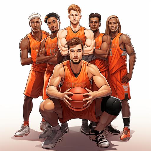 cartoon basketball white 6 players team in white jersey, standing in hall to photo shooting, white background, whole body, 10% caricature --s 250