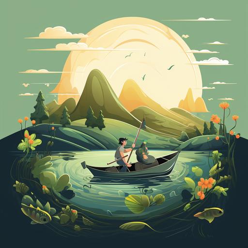 cartoon bass towing a fisherman in his boat around a pond