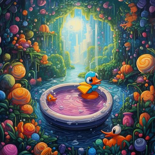 cartoon bathtub view from top, bathtub rubber duck floating in the side, bubbles, soap, sponge, shampoo on the side, inside the bathwater you see a magical water twirl full of colors and a portal towards a tropical magical place, imagination, disney luca cartoon style