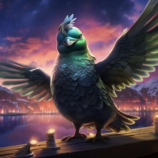 cartoon battle pigeon with viking armor, aurora lights in the background