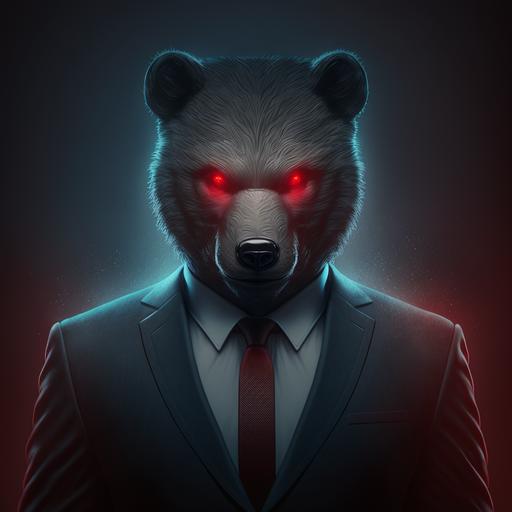 cartoon bear face with laser red eyes, human body wearing a suit, photorealistic, cinematic 4k epic detailed, black backgroud
