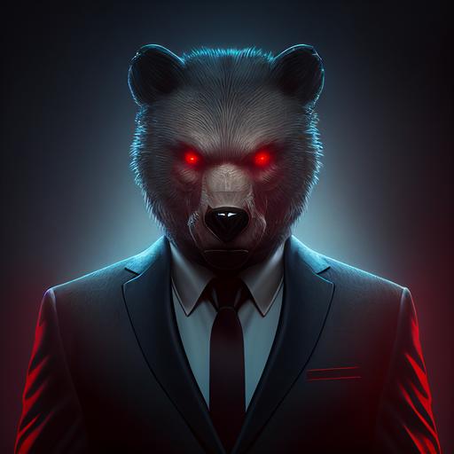 cartoon bear face with laser red eyes, human body wearing a suit, photorealistic, cinematic 4k epic detailed, black backgroud